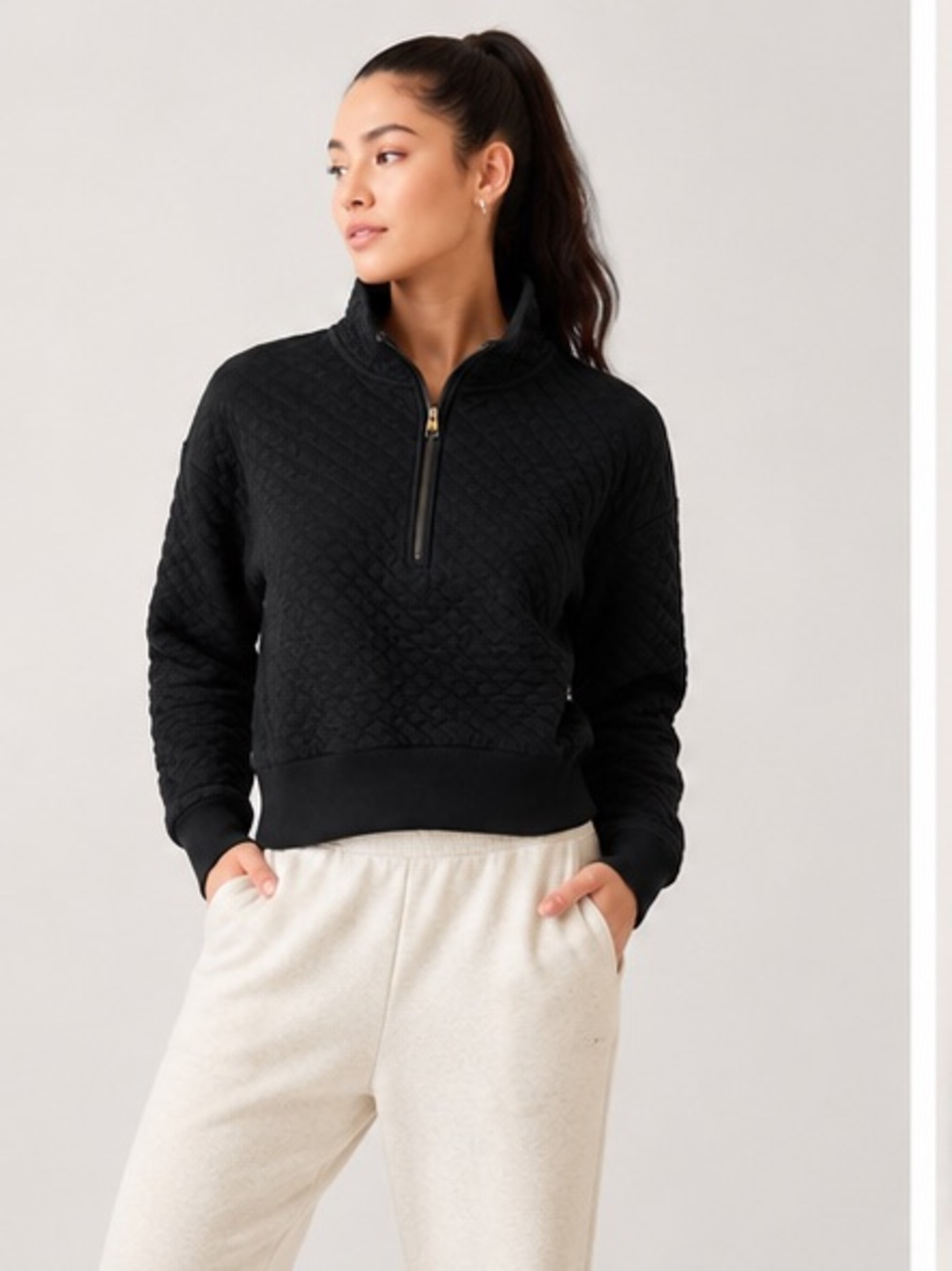 Banana Republic Black Quilted Half-Zip Pullover Sweatshirt